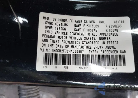 2017 Honda Accord Ex from USA, damaged, VIN 1HGCR2F72HA000897